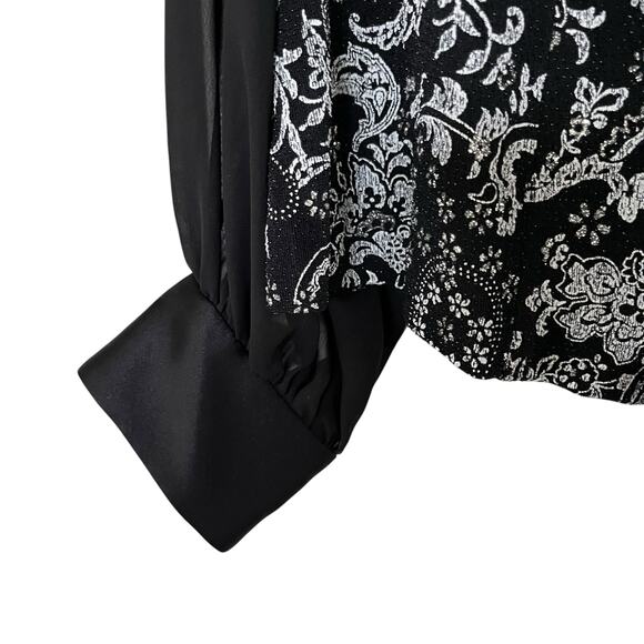 Alex Evenings Black Paisley Print Satin Shawl Collar Chiffon Long Sleeve Jacket - Picture 3 of 10